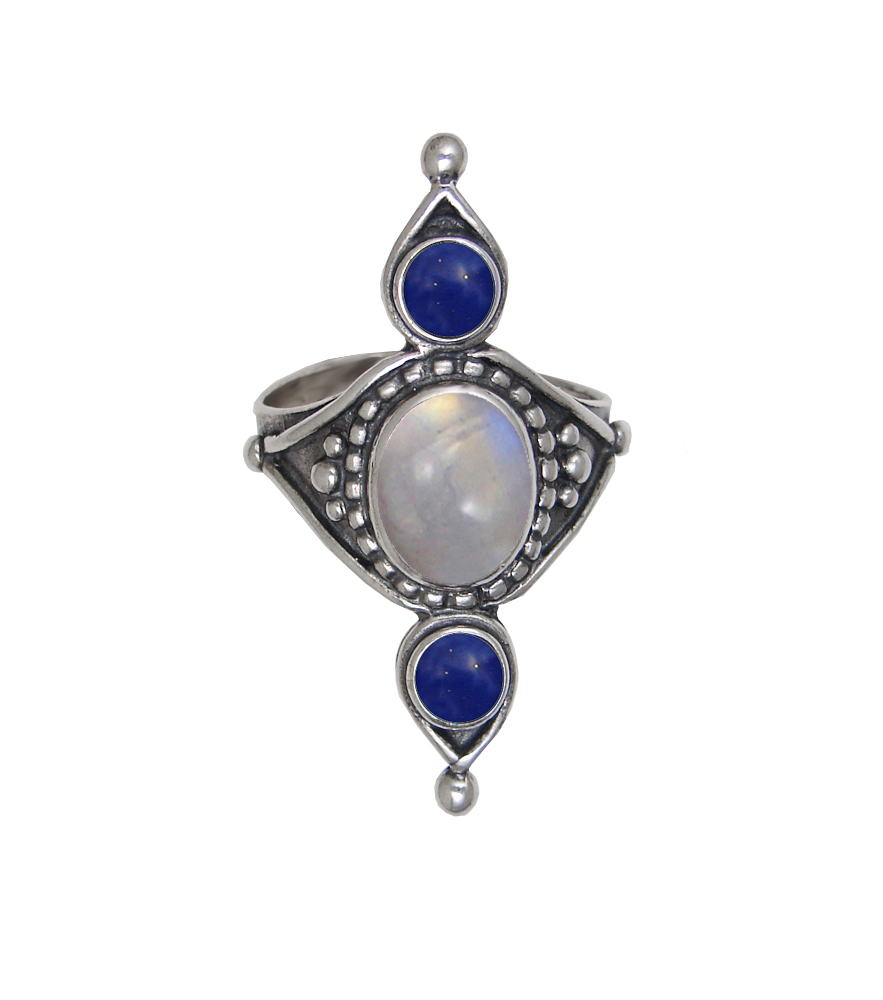 Sterling Silver Royal Ring With Rainbow Moonstone And Lapis Lazuli Size 9